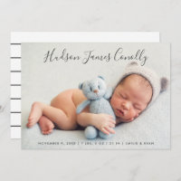 Standout Name Modern Script Baby Boy Photo Birth Announcement