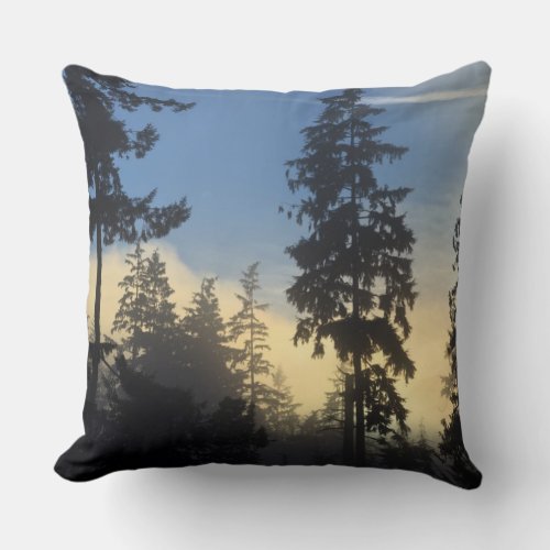 Stanley Park woods marine layer fog rolling in Throw Pillow