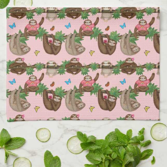 Stanley Sloth & friends pink tea towel (Folded)