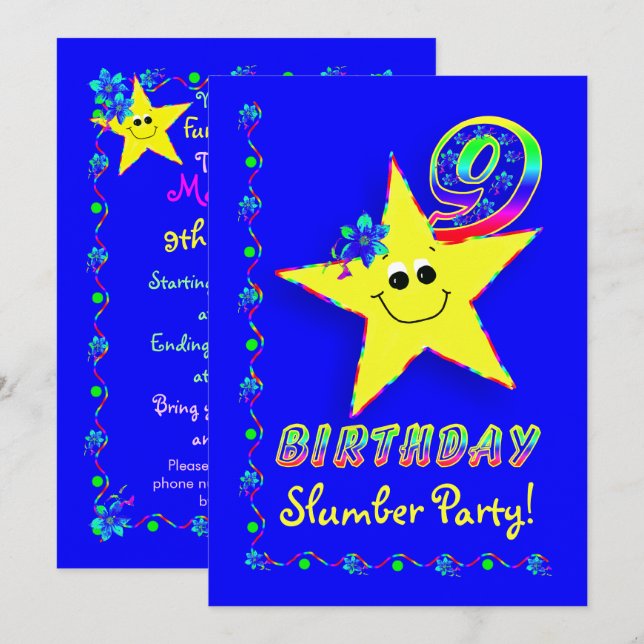 Star 9th Birthday Slumber Party Invitation (Front/Back)