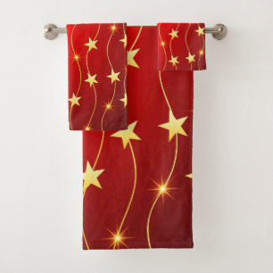 Star Adorned Ruby Red Pattern Bath Towel Set