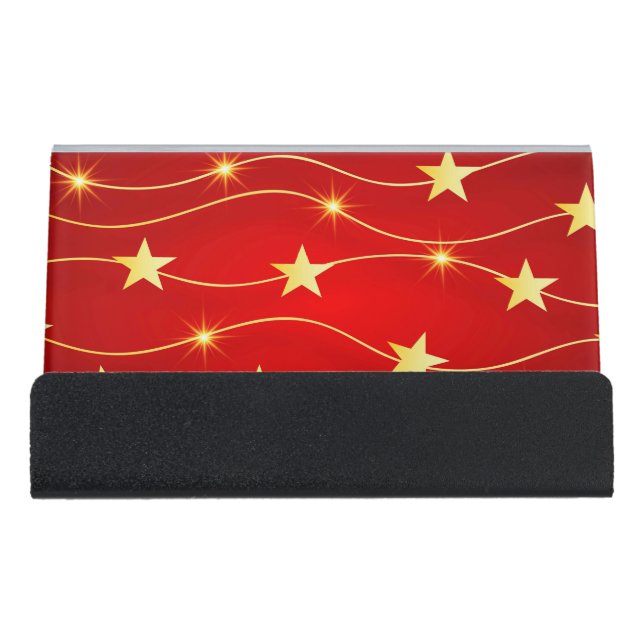 Star Adorned Ruby Red Pattern  Desk Business Card Holder (Front)