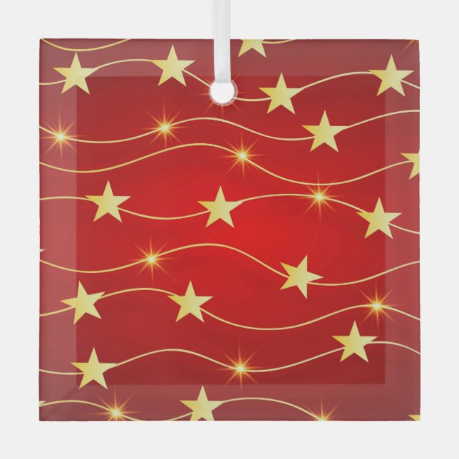 Star Adorned Ruby Red Pattern  Glass Ornament (Front)