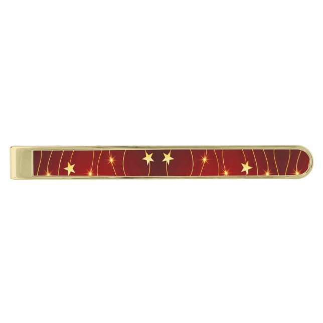 Star Adorned Ruby Red Pattern  Gold Finish Tie Bar (Front)