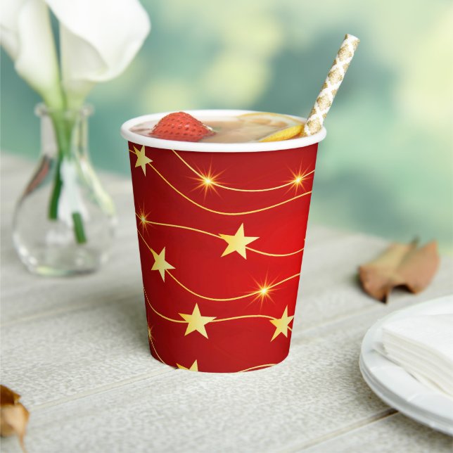 Star Adorned Ruby Red Pattern  Paper Cups (Insitu)