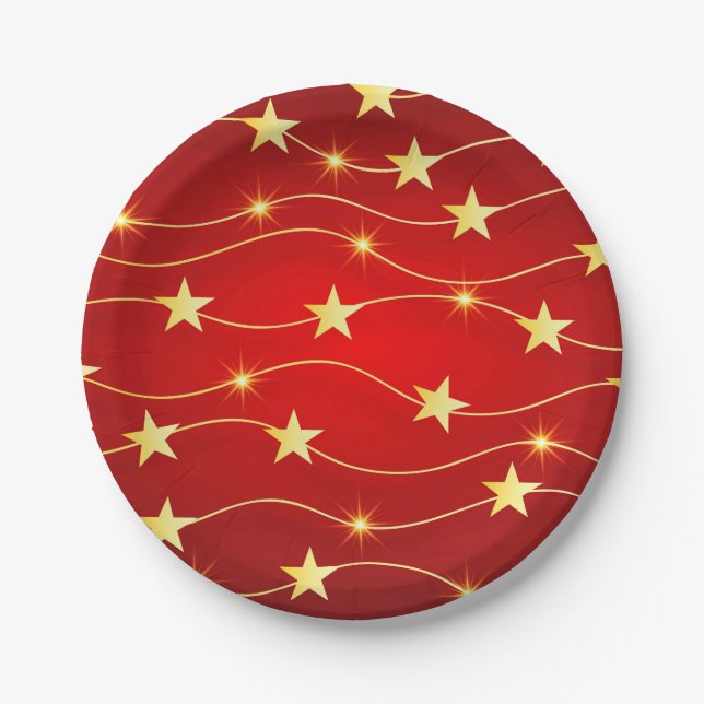 Star Adorned Ruby Red Pattern  Paper Plates (Front)