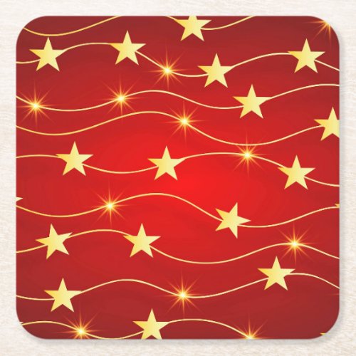 Star Adorned Ruby Red Pattern  Square Paper Coaster