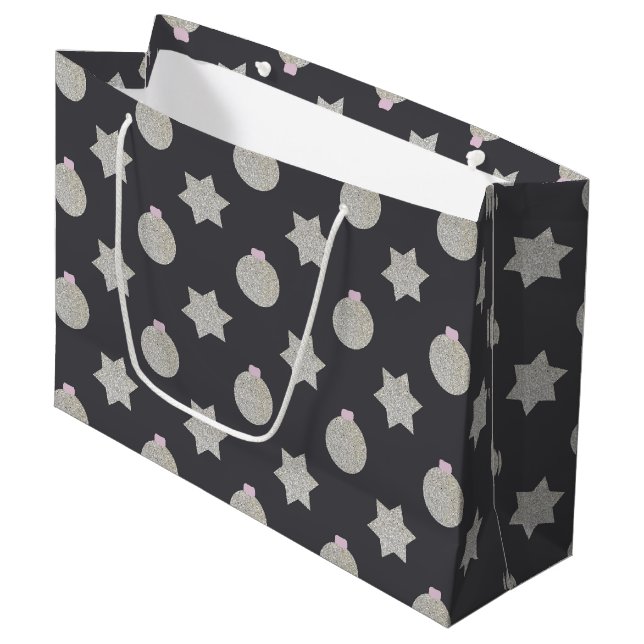 Star and Christmas Bauble Silver and Black Large Gift Bag (Front Angled)