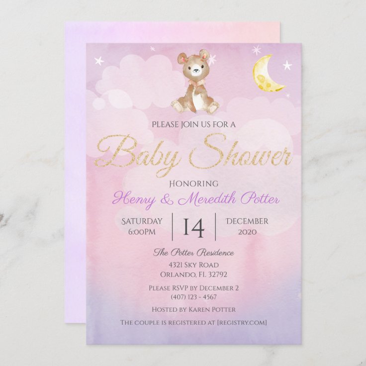 Star and Moon Teddy Bear Purple Girls Baby Shower Invitation | Zazzle