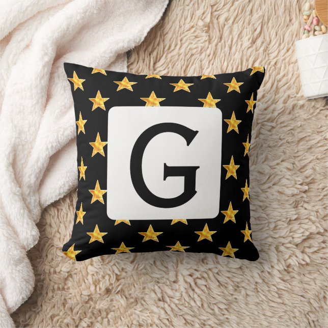Star Any Monogram Initial Yellow Black Minimalist Throw Pillow (Blanket)