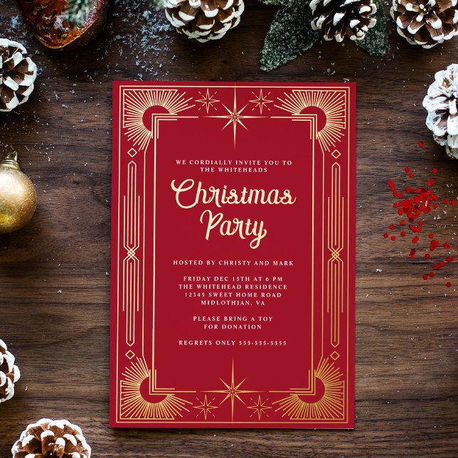 Star Art Deco Christmas Holiday Foil Invitation (Art Deco Christmas Party invitation with celestial flare with starts on top and bottom in gold foil.)