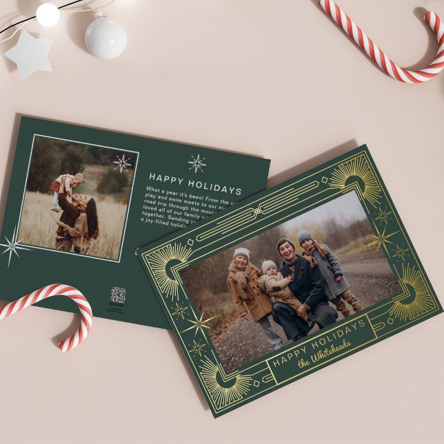 Star Art Deco Photo Happy Holiday Forest (Snowflake art deco berry holly photo holiday card perfect elegant Christmas card.)