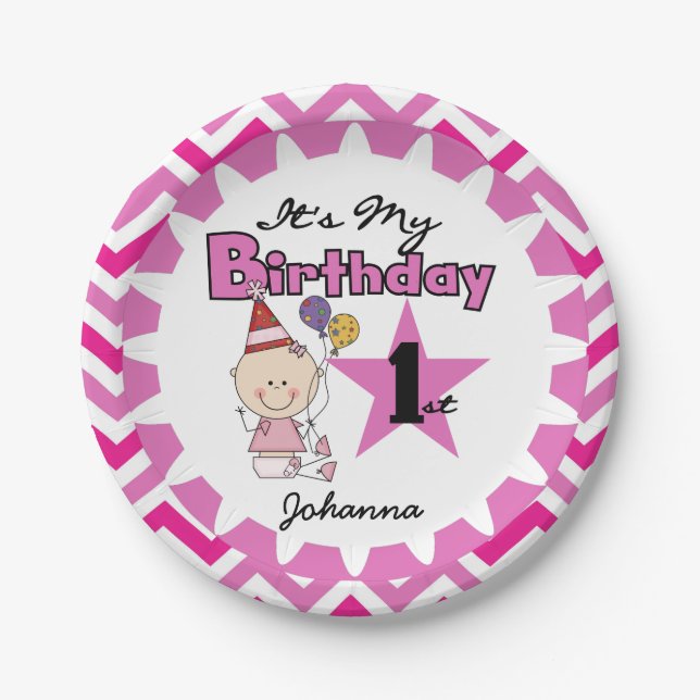 Star Baby Girl 1st Birthday Paper Plates (Front)