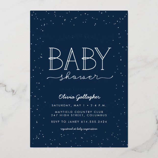Star baby shower twinkle twinkle navy blue foil invitation (Front)