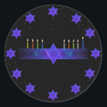 Star Bar Menorah Classic Round Sticker<br><div class="desc">A purple and blue fractal image,  with a Magen David (Star of David),  in the middle,  as a Chanukkah menorah.  The motif is repeated as a border of 12 stars. The candles have been lit.</div>