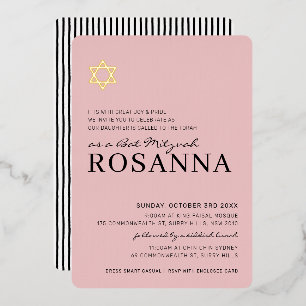 STAR Bat Mitzvah modern minimal paris pink black Foil Invitation