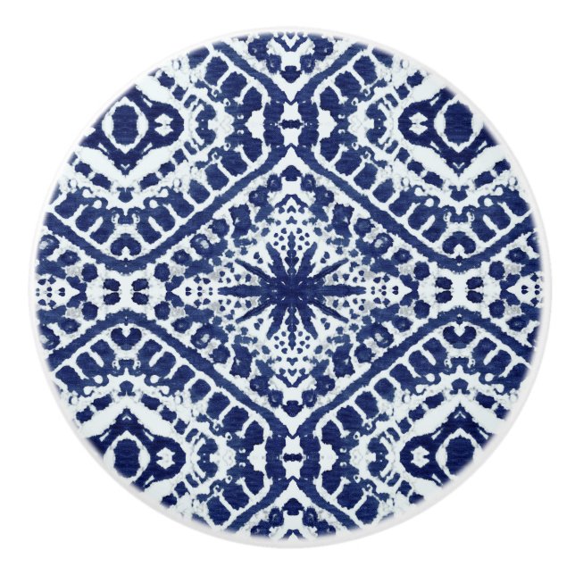 Star Batik Beach Ocean Navy Blue White Modern  Ceramic Knob (Front)