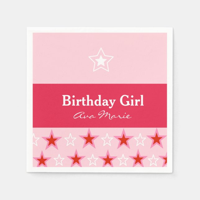 Star Birthday Girl Party, Pink & Red Paper Napkins (Front)