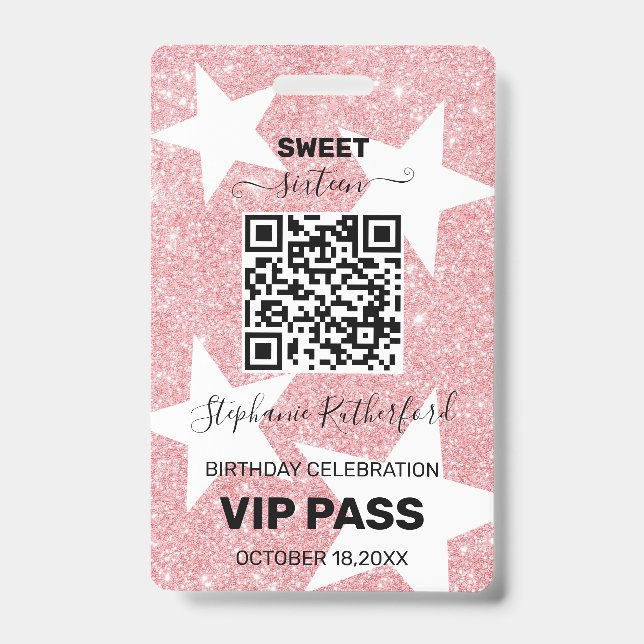 Star Birthday Party VIP PASS Pink Glitter Badge (Front)