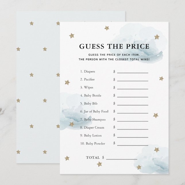 Star & Blue Cloud Guess the Price Baby Shower Game Invitation (Front/Back)