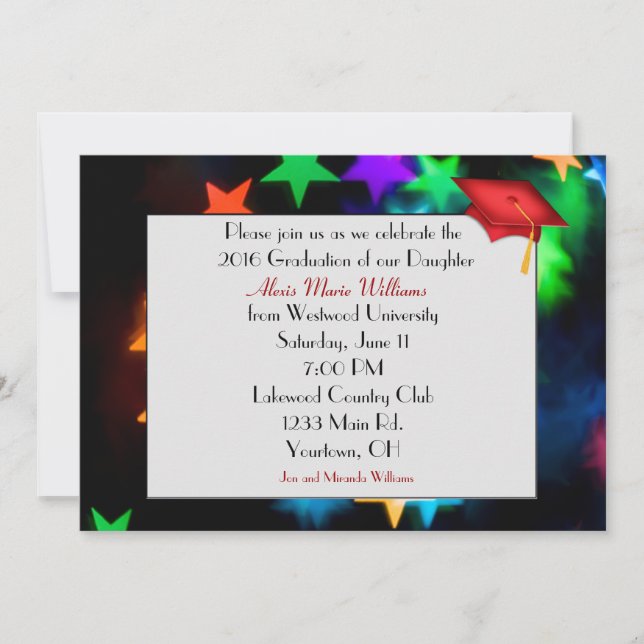 Star Bokeh with Red Graduation Hat Invitation (Front)