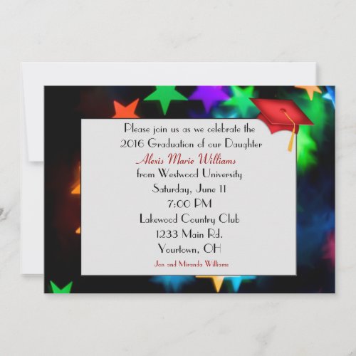 Star Bokeh with Red Graduation Hat Invitation