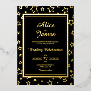 Star Border Frame Elegant Black Gold Foil Wedding Invitation