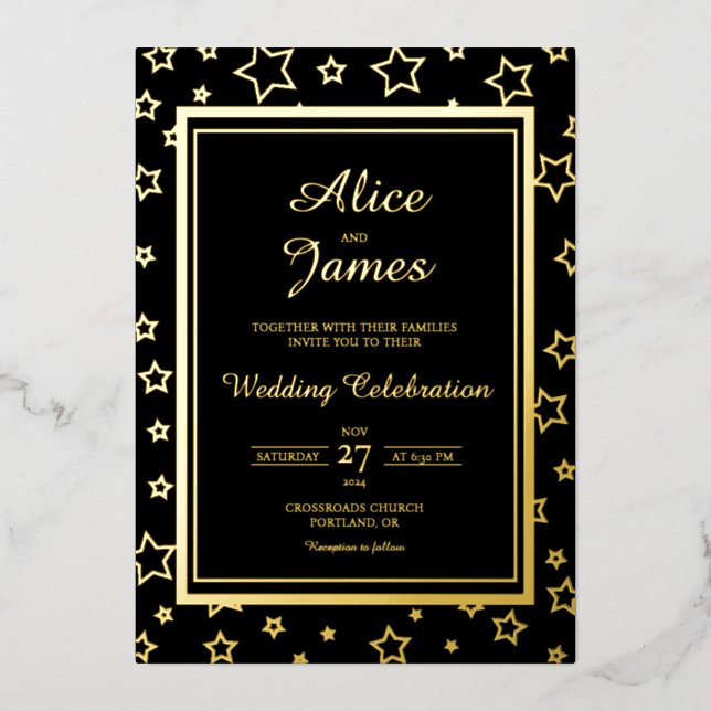 Star Border Frame Elegant Black Gold Foil Wedding Invitation (Front)