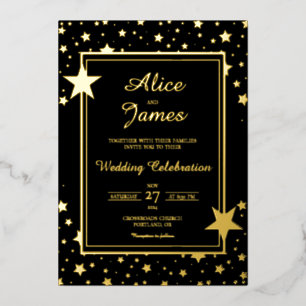 Star Border Luxury Elegant Black Gold Foil Wedding Invitation