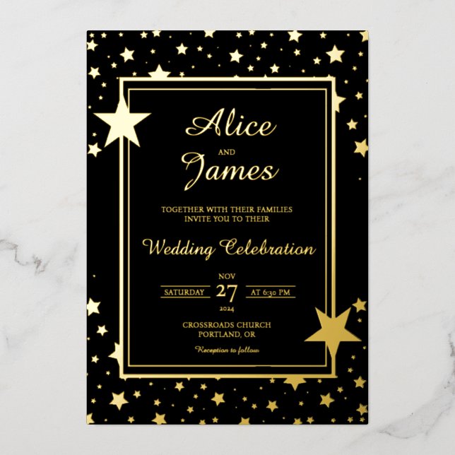 Star Border Luxury Elegant Black Gold Foil Wedding Invitation (Front)