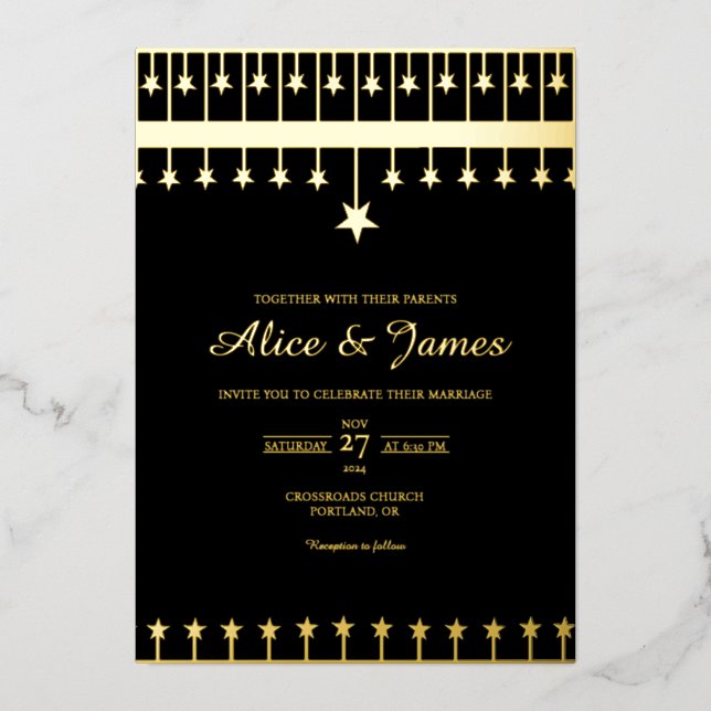 Star Border Modern Elegant Black Gold Foil Wedding Invitation (Front)