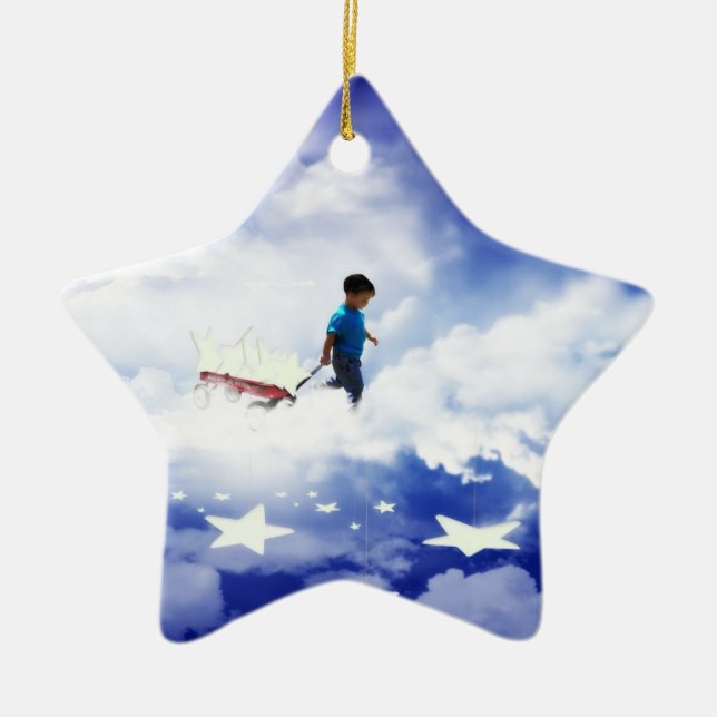 Star Boy with Little Red Wagon of Stars Ceramic Ornament (Front)