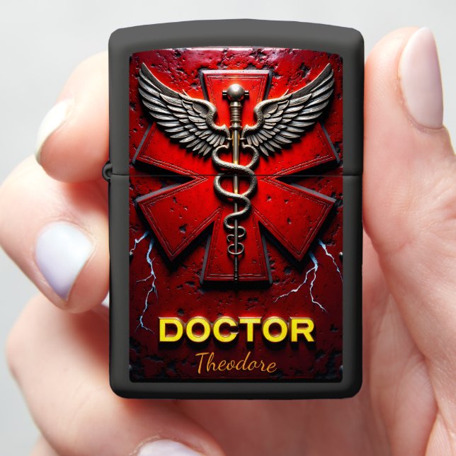 Star Caduceus Doctor Physician Gift Red Zippo Lighter (In Hand)