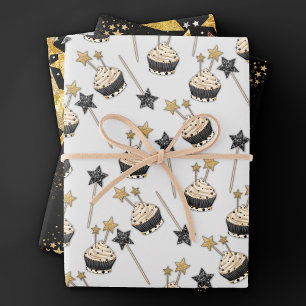 Star Celebration   Black and Gold Cupcake Party Wrapping Paper Sheets