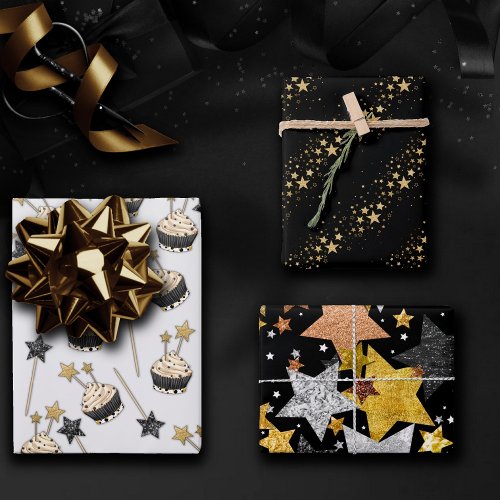 Star Celebration  Black and Gold Cupcake Party Wrapping Paper Sheets