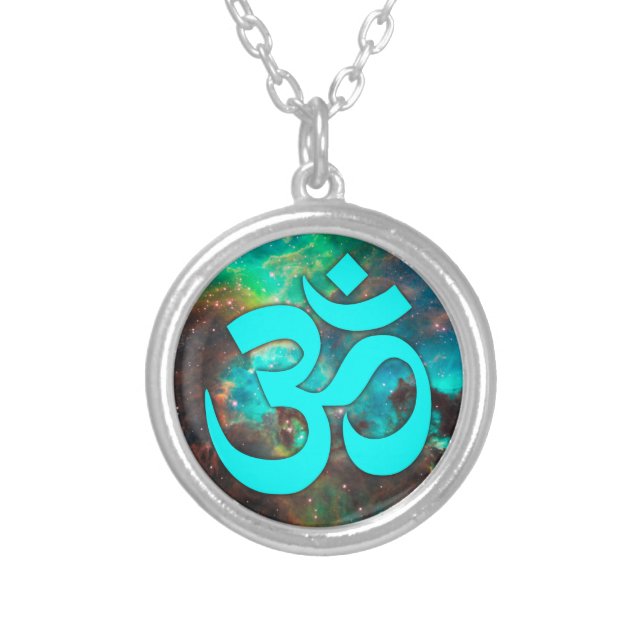 Star Cluster Aqua Om Symbol Silver Plated Necklace (Front)