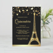 Star Confetti Gold Eiffel Tower Black Quinceanera Invitation (Standing Front)