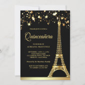 Star Confetti Gold Eiffel Tower Black Quinceanera Invitation (Front)