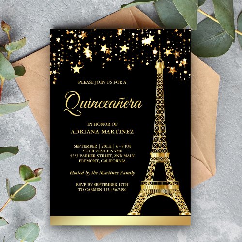 Star Confetti Gold Eiffel Tower Black Quinceanera Invitation