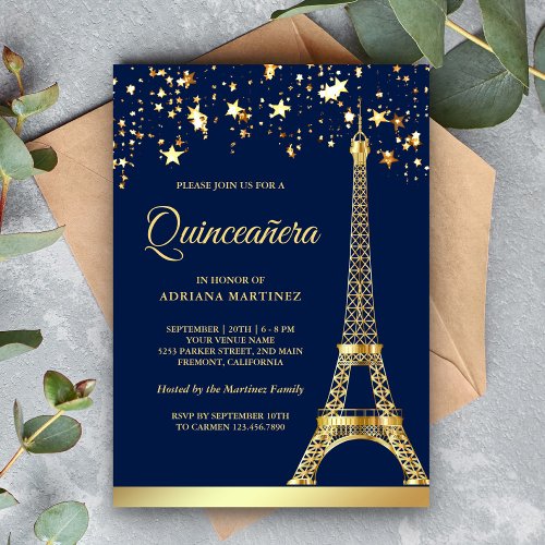 Star Confetti Gold Eiffel Tower Navy Quinceanera Invitation