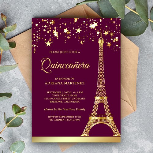 Star Confetti Gold Eiffel Tower Pink Quinceanera Invitation