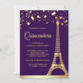 Star Confetti Gold Eiffel Tower Purple Quinceanera Invitation (Front)