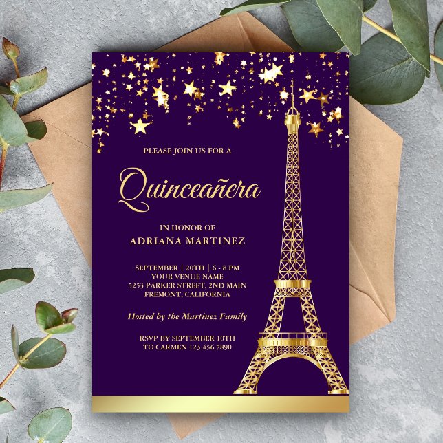 Star Confetti Gold Eiffel Tower Purple Quinceanera Invitation