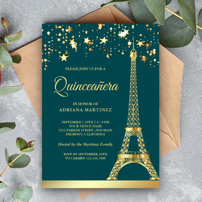 Star Confetti Gold Eiffel Tower Teal Quinceanera Invitation