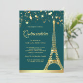 Star Confetti Gold Eiffel Tower Teal Quinceanera Invitation (Standing Front)