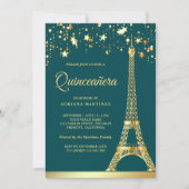 Star Confetti Gold Eiffel Tower Teal Quinceanera Invitation (Front)