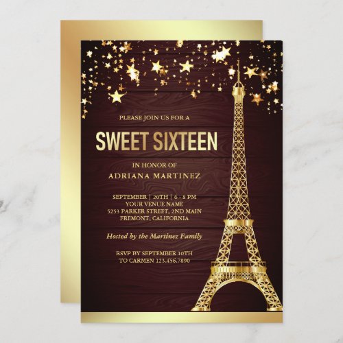 Star Confetti Gold Foil Eiffel Tower Sweet Sixteen Invitation