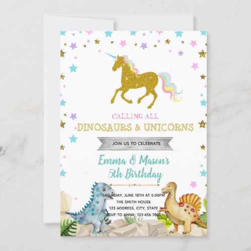 Star dinosaur unicorn party theme invitation