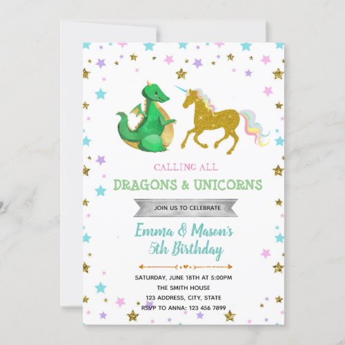 Star dragon unicorn party theme invitation