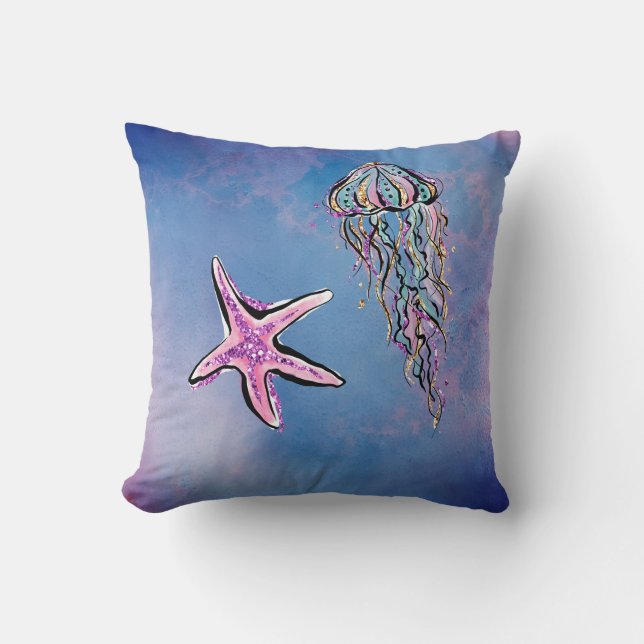 *~* Star Fish Jelly Fish Abstract Beach Watercolor Throw Pillow (Front)